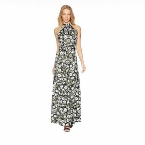 Elegant Bebe Olive and White Floral Pattern Halter Maxi Dress